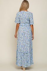 Light Blue Smocked V-Neck Flutter Short Sleeve Maternity Maxi Dress