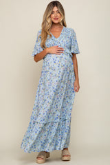 Light Blue Smocked V-Neck Flutter Short Sleeve Maternity Maxi Dress