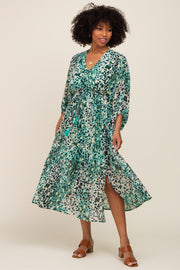 Green Leopard Print Chiffon Midi Dress