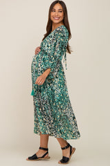 Green Leopard Print Chiffon Maternity Midi Dress