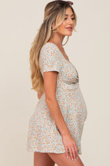 Beige Floral Twist Front Maternity Romper