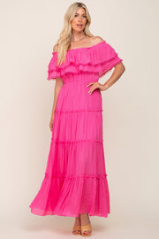 Pink Off Shoulder Eyelet Tiered Maternity Maxi Dress