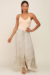 Mint Floral Button Ruffle Maxi Skirt