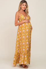 Gold Floral Back Tie Cutout Maternity Maxi Dress