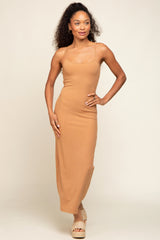 Camel Ribbed Basic Maternity Midi Dress