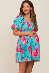 Turquoise Floral Chiffon Square Neck Pleated Maternity Dress