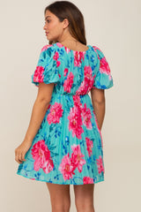 Turquoise Floral Chiffon Square Neck Pleated Maternity Dress