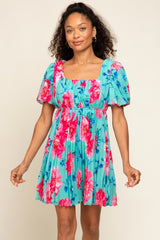 Turquoise Floral Chiffon Square Neck Pleated Dress