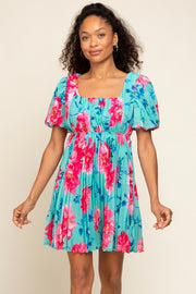 Turquoise Floral Chiffon Square Neck Pleated Dress