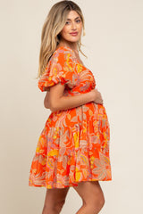 Orange Floral Sweetheart Tiered Maternity Dress