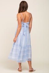 Blue Striped Chiffon Back Tie Tiered Midi Dress