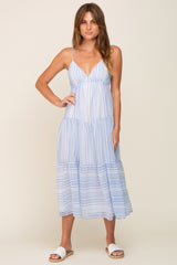 Blue Striped Chiffon Back Tie Tiered Midi Dress