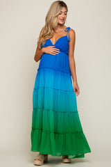 Blue Ombre Chiffon Shoulder Tie Tiered Maternity Maxi Dress