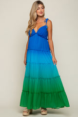 Blue Ombre Chiffon Shoulder Tie Tiered Maternity Maxi Dress