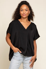 Black Satin V-Neck Blouse