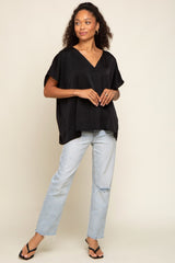 Black Satin V-Neck Blouse