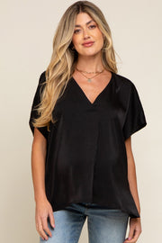 Black Satin V-Neck Maternity Blouse