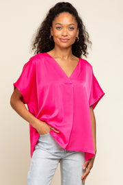 Fuchsia Satin V-Neck Blouse