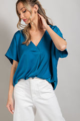 Teal Satin V-Neck Blouse