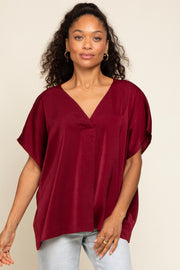 Burgundy Satin V-Neck Blouse