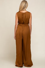 Camel Satin V-Neck Side Slit Maternity Jumpsuit