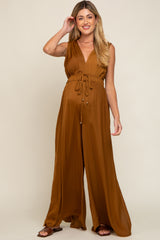 Camel Satin V-Neck Side Slit Maternity Jumpsuit