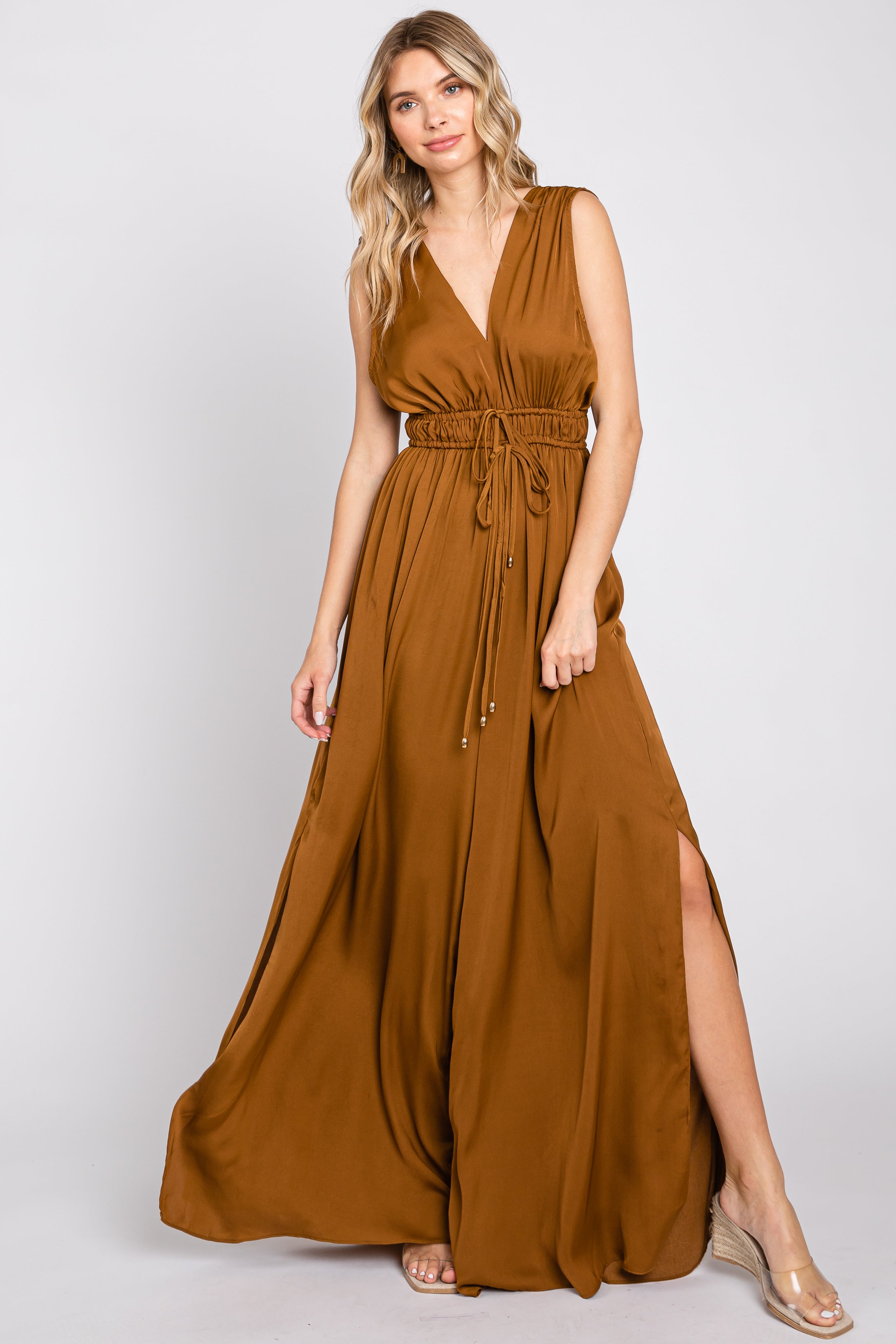 Taupe Sleeveless Pocketed Wide Leg Maternity Jumpsuit– PinkBlush