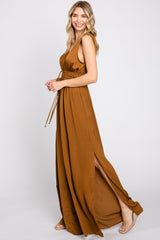 Camel Satin V-Neck Side Slit Jumpsuit