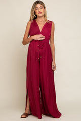 Burgundy Satin V-Neck Side Slit Maternity Jumpsuit