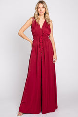 Burgundy Satin V-Neck Side Slit Jumpsuit