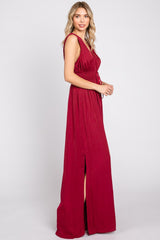 Burgundy Satin V-Neck Side Slit Jumpsuit