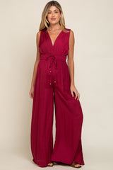 Burgundy Satin V-Neck Side Slit Maternity Jumpsuit