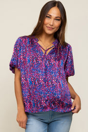 Royal Blue Printed Front Tie Puff Sleeve Maternity Blouse