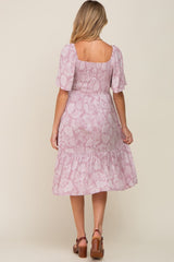 Mauve Floral Smocked Maternity Midi Dress