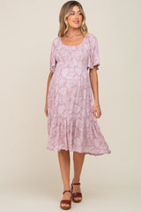 Mauve Floral Smocked Maternity Midi Dress