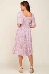 Mauve Floral Smocked Midi Dress