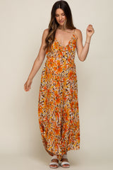 Orange Floral Sleeveless Maternity Jumpsuit