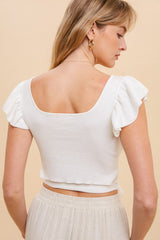 White Tie Waist Square Neck Ruffle Sleeve Sweater Top