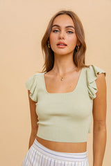 Green Tie Waist Square Neck Ruffle Sleeve Sweater Top