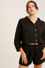 Black Button Down Crop Top And Shorts Sets