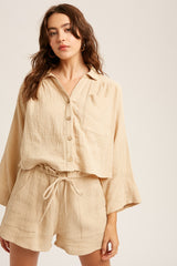 Beige Button Down Crop Top And Shorts Sets