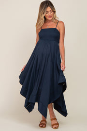 Navy Blue Linen Smocked Square Neck Asymmetrical Maternity Maxi Dress