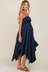 Navy Blue Linen Smocked Square Neck Asymmetrical Maternity Maxi Dress