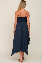 Navy Blue Linen Smocked Square Neck Asymmetrical Maternity Maxi Dress