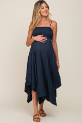 Navy Blue Linen Smocked Square Neck Asymmetrical Maternity Maxi Dress