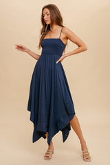 Navy Blue Linen Smocked Square Neck Asymmetrical Maxi Dress