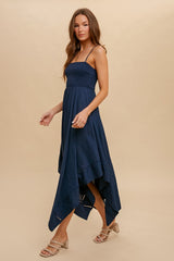 Navy Blue Linen Smocked Square Neck Asymmetrical Maxi Dress