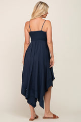 Navy Blue Linen Smocked Square Neck Asymmetrical Maxi Dress