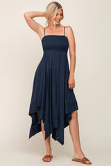 Navy Blue Linen Smocked Square Neck Asymmetrical Maxi Dress