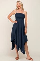 Navy Blue Linen Smocked Square Neck Asymmetrical Maxi Dress